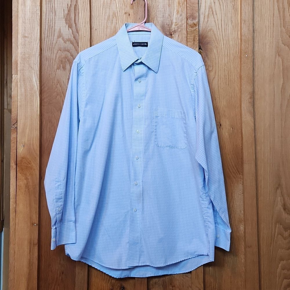 Pierre Cardin Long Sleeve Button Down Shirt, Medium, Blue & White Gingham Plaid